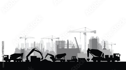 construction site heavy machinery silhouette at dusk with cranes and excavators in monochrome