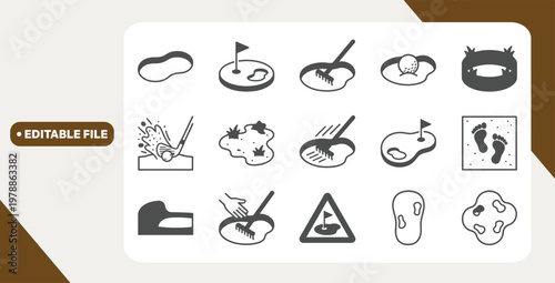 Golf course icon set featuring bunker, flag, rake, and ball with hazards and obstacles