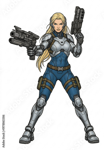 Female Cyborg Bounty Hunter Vector Illustration – Futuristic Sci Fi Warrior Woman with Dual Guns, Isolated Character Design