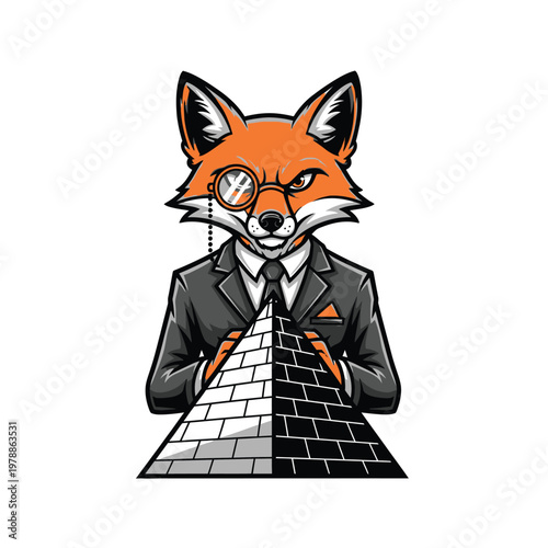 Fox Business Mascot in Suit with Monocle and Illuminati Pyramid Illustration