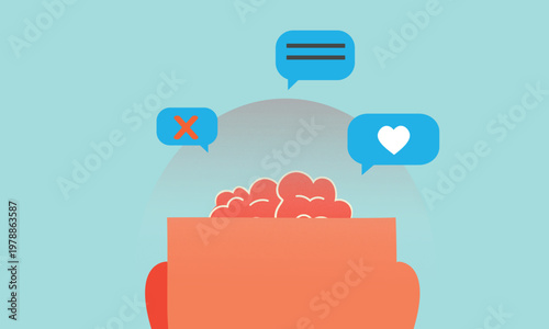 Conceptual illustration of mental health, thoughts and emotions. Human brain with speech bubbles representing inner dialogue, positive and negative feelings, anxiety and self-talk. Modern flat design 