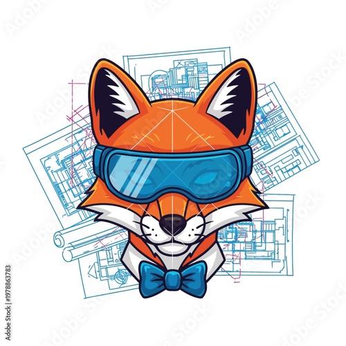 Smart Fox Engineer Mascot wearing Blue Goggles and Bowtie with Architectural Blueprint Background
