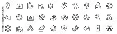 Technical support and system web line icons set featuring gear options, user settings, profile management, security control, data optimization, and more Vector Illustration with editable stroke.