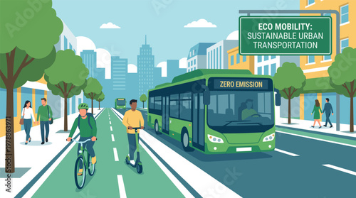 Vector illustration of diverse people using a green electric bus, bicycle, and scooter on a city street. Concept of sustainable urban transportation and eco-friendly mobility