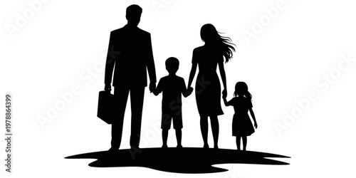 A black silhouette of a happy family consisting of a father, mother, son and daughter standing. Vector, illustration