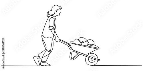 A single continuous line drawing of a person pushing a heavy wheelbarrow filled with some rocks Vector, illustration