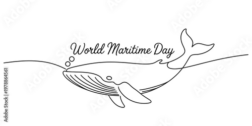 A minimalist single line drawing of a majestic whale celebrating the annual world maritime day Vector, illustration