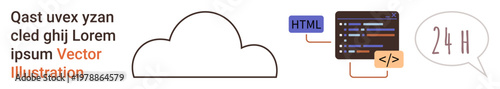 Cloud storage, web programming, 24-hour service, tech innovation, digital solutions, HTML coding. Visuals include a cloud outline, code screen speech bubble with 24 H. Cloud storage and web