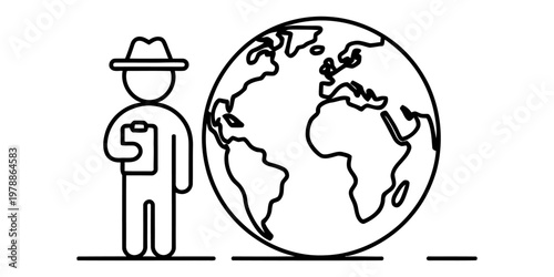A simple black and white line art illustration featuring a person wearing a hat holding a clipboard Vector, illustration