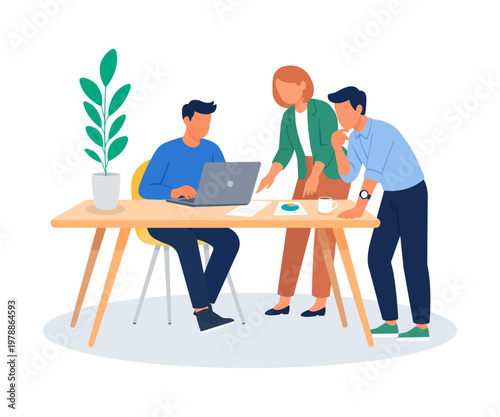 Three coworkers discussing work tasks in a friendly office setting with desk plants. Team collaboration, communication and brainstorming during daily workflow. Flat vector illustration