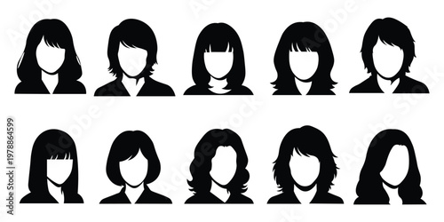 Collection of ten black silhouette icons of women with different hairstyles