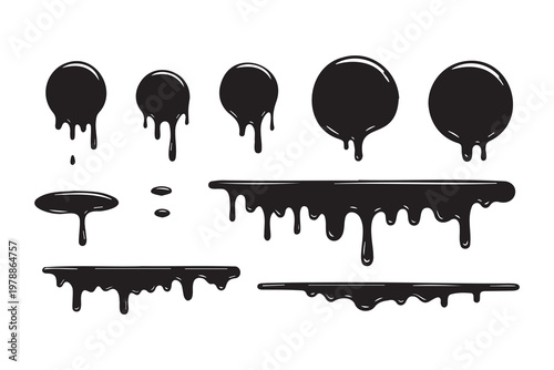Set of black liquid drips and ink splashes isolated on a white background
