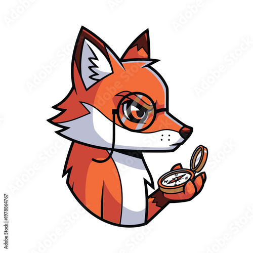 Clever Fox Navigator Mascot with Monocle and Compass, Stylized Vector Animal Illustration for Travel and Adventure