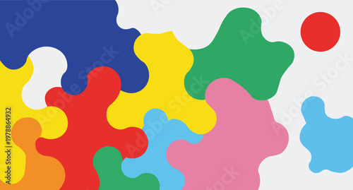 Colorful puzzle pieces in various shapes and sizes on a with a red circle