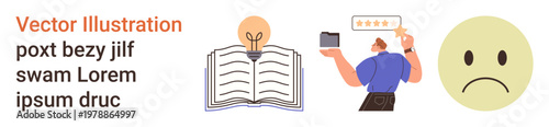 Education, feedback, emotions, communication, concepts, business strategies. Open book with bulb, person holding feedback sign sad face. Education and feedback illustrated in clean style
