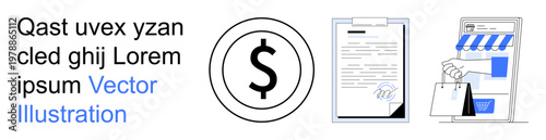 Business strategies, e-commerce, legal agreements, financial planning, online stores, shopping. Dollar sign, document with a signature and storefront with shopping bags. Business strategies