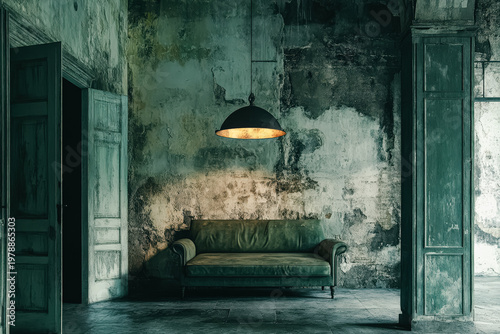Vintage Green Sofa in an Abandoned Room