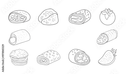 Hand drawn food including rolls stuffed food tomato and strawberry