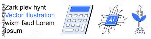 Artificial intelligence, environmental sustainability, digital advancements, financial calculation, education tools, data science. Blue digital calculator, AI chip and eco-friendly icon. Artificial