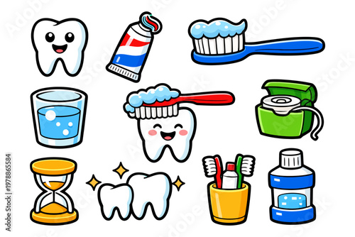 Cartoon dental hygiene icons with toothbrush, toothpaste, mouthwash, and floss.