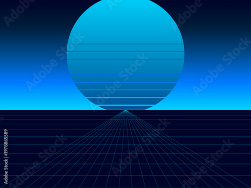 Synthwave Retro Sunset Neon Grid Landscape Background Vector