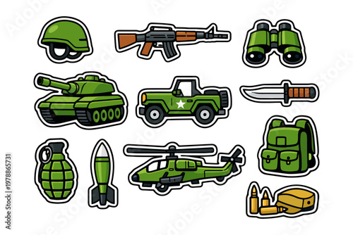 Military equipment icons: helmet, rifle, tank, jeep, binoculars, knife, grenade, missile, helicopter, backpack.
