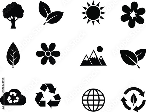 Collection of eco friendly and nature icons in black silhouette