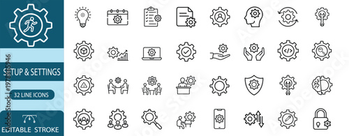 Setup and settings  web line icons set featuring gear options, technical support, user profile, security settings, system optimization, and more Vector Illustration with editable stroke