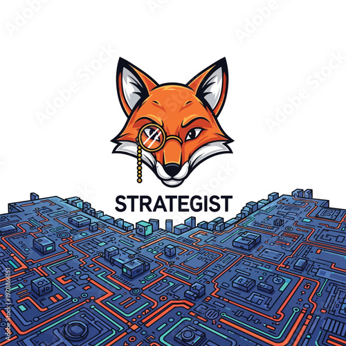 Fox Strategist Mascot with Monocle on Futuristic Digital Circuit Board Background - Conceptual Technology and Intelligence Illustration