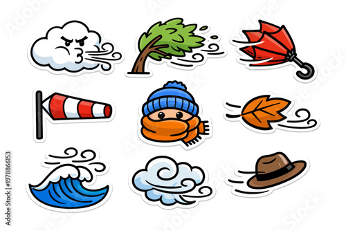 Windy weather icons: clouds, tree, umbrella, leaf, waves, hat, windsock, bundled character.