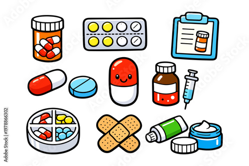 Colorful cartoon medical icons: pills, syringe, clipboard, cream, bandages, medicine bottles.