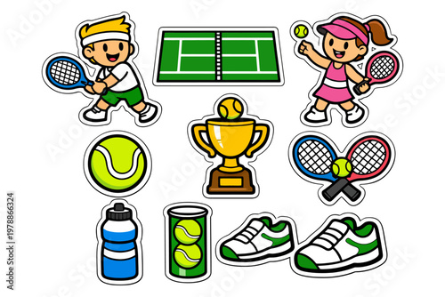 Cartoon tennis theme with young caucasian children and equipment icons.