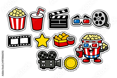 Cinema icons: popcorn, 3d glasses, movie reel, film camera.