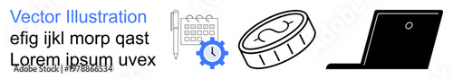 Business tools, technology innovation, financial growth, project planning, digital solutions, automation. Includes calendar, gear coin and notebook graphics. Business tools and technology concept
