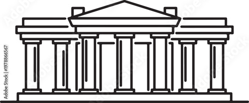 Black and white line of a neoclassical building with a triangular pediment and vertical columns