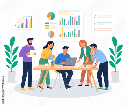 Business team meeting discussing project strategy with charts and analytics. Five coworkers collaborating in office, brainstorming ideas, planning workflow and business growth. Flat vector illustratio