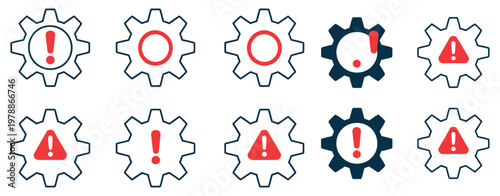 Settings gear icon set, flat design with warning and exclamation marks representing system issues, alerts and configuration controls, modern minimal vector