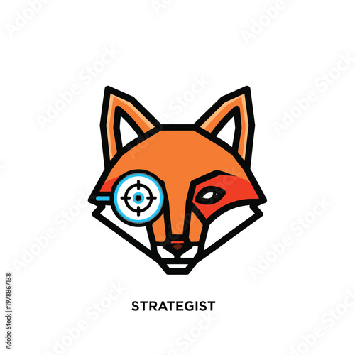 Fox Strategist Vector Logo Design Featuring Cybernetic Eye Target and Geometric Style - Conceptual Mascot for Gaming, Technology, and Business Strategy