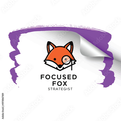 Modern Fox Strategist Mascot Logo with Monocle and Purple Brushstroke Background