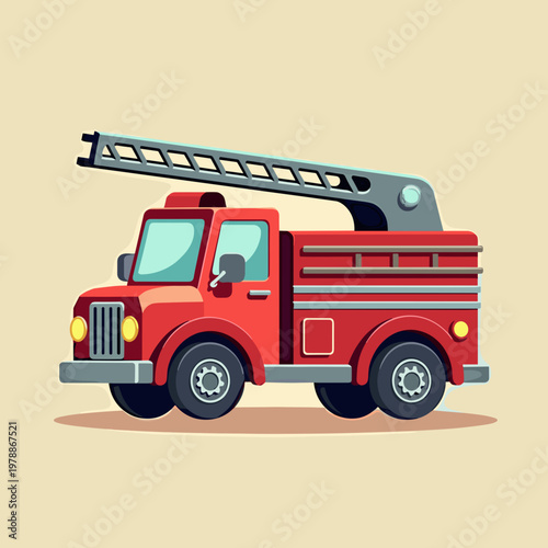 A bright red fire truck illustration with a long grey extendable ladder on a beige background. This flat graphic represents emergency services and public safety, with copy space.