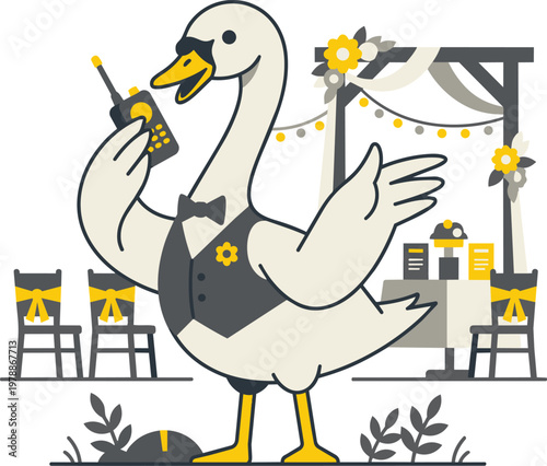 Swan wedding planner with walkie-talkie setup