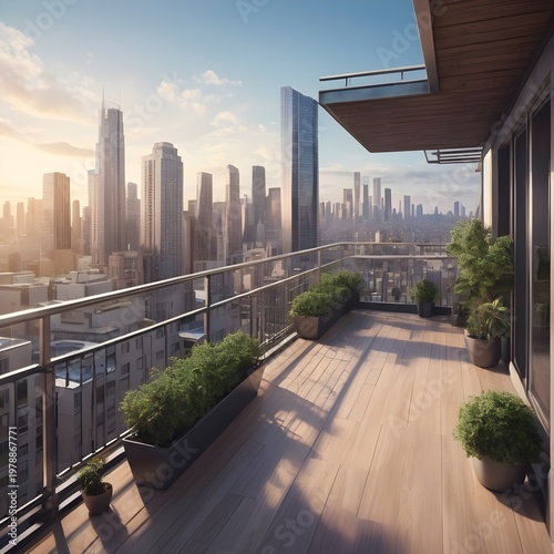 Urban Balcony with Skyline View and Greenery