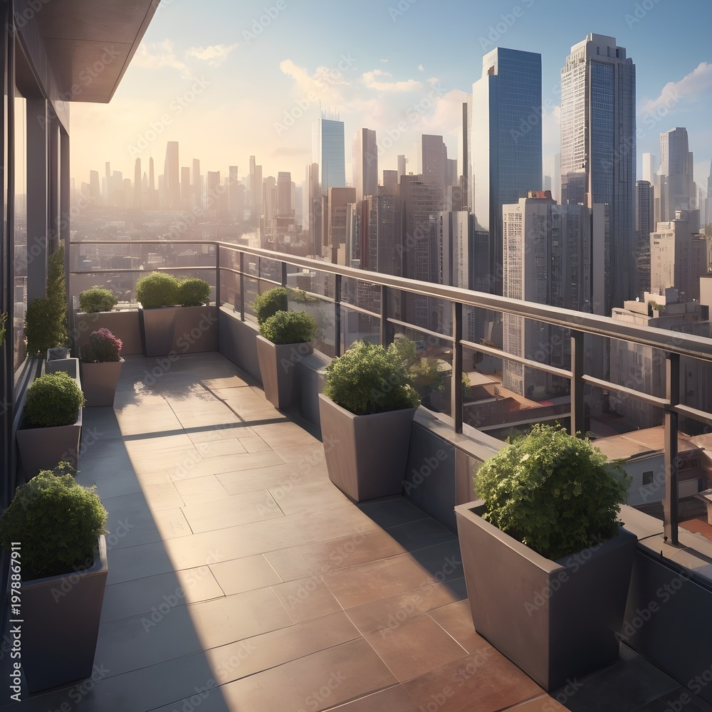 Fototapeta premium Urban Balcony with Skyline View and Greenery