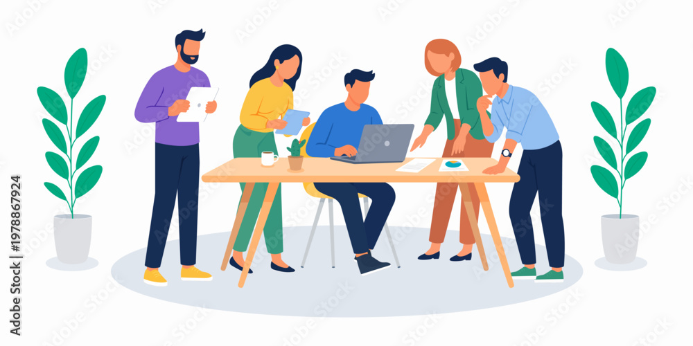 Fototapeta premium Five coworkers discussing work processes in a friendly office setting. Team collaboration, communication and brainstorming during daily workflow. Flat vector illustration