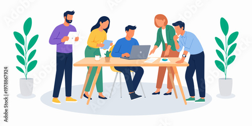 Five coworkers discussing work processes in a friendly office setting. Team collaboration, communication and brainstorming during daily workflow. Flat vector illustration