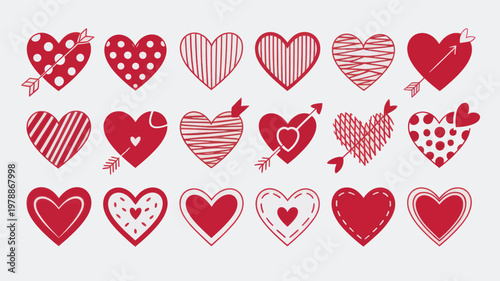 collection of red love hearts with patterns and arrows for valentine romance and affection vector illustration