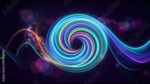 Abstract neon swirls in futuristic style with vibrant multicolored lines representing high-speed data flow and energy