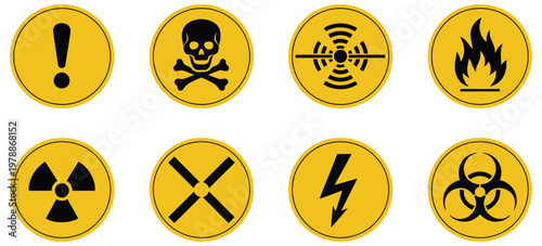 Danger warning icon set, radiation, biohazard, toxic and high voltage signs with flame and alert symbols, clean vector