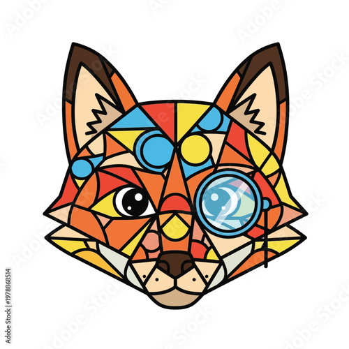 Colorful Geometric Fox Head with Monocle, Stained Glass Style Mosaic Fox Portrait Illustration