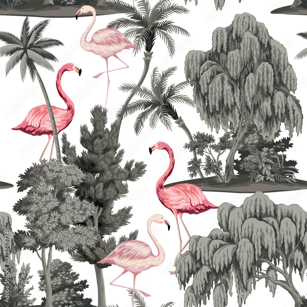 Fototapeta premium Park vintage botanical landscape, island, willow, palm trees, flamingo seamless pattern. Nature wallpaper.